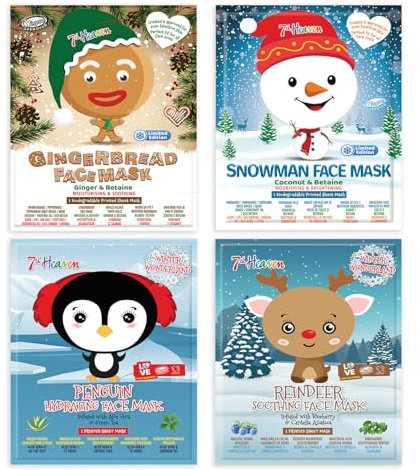 7th Heaven Winter Wonderland Face Mask Gift Set for Kids (Contains 4 Printed Sheet Masks in 4 Fun Designs, Age 8+). Mess Free Pamper Set/Kids Face Masks - Genuine 7th Heaven Face Masks Skincare