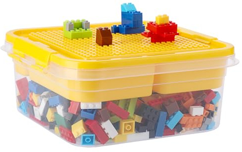 OGANAZI Plastic Building Block Bricks Storage with Sorting Tray and Building Plate Lid, Lego Compatible, Yellow, 24x24x11cm