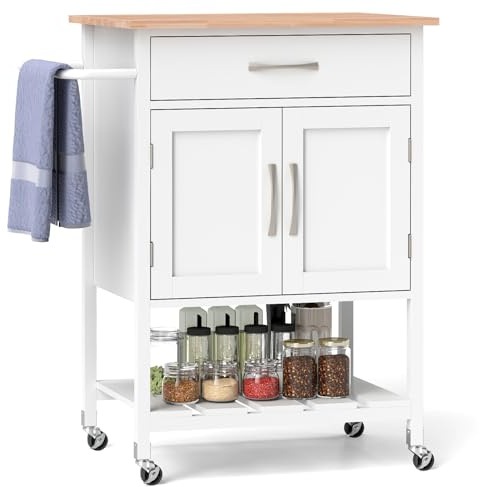 TANGZON Kitchen Island on Wheels, Rolling Kitchen Trolley with 2-Door Cabinet, Drawer, Open Shelf, Rubber Wood Top & Towel Rack, Utility Serving Trolley Cart for Home Bar Dinning Living Room (White)