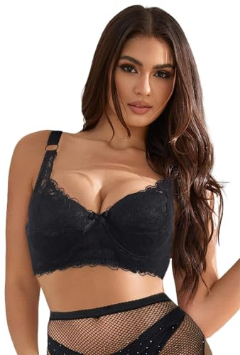 ohyeahlady Push Up Lace Bra Plus Size Bras for Women Wide Straps Comfort Padded Underwire Bras Adjustable Balcony Bra Black 44C