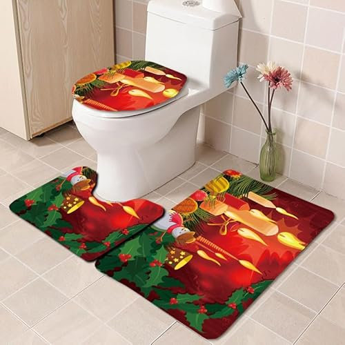 Bad Teppiche Set Rote Orange Kerzen Badezimmerteppich Waschbar WC Vorleger mit Ausschnitt und WC Deckelbezug 3 Teilig Badematte rutschfest Toilettensitzbezug Badgarnitur 45x75 cm