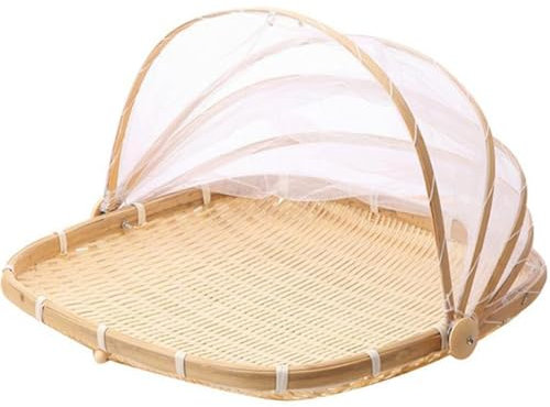 Canasta de frutas con cubierta 13x13 en canasta de pan de bambú tejido cuadrado con tapa de malla a prueba de polvo Food Siring Tent Caneta para picnic, vegetales, frutas, comidas, canasta de frutas