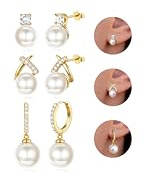 Diamday 3 Paar Perlen Ohrringe Silber 925 Creolen Ohrstecker Perlenohrringe Hängend Ohrringe Gold Set Hypoallergene Perlen Ohrstecker Silber 925 Perlenohrringe für Damen Mädchen Schmuck Geschenk