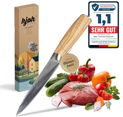 kjøk Premium Kochmesser Allzweckmesser 13cm Olivenholzgriff Härte 58±2 HRC Japanmesser-Style hochwertiges profi Küchenmesser mit Holzgriff universal allzweck Messer klein scharfe Klinge Gemüsemesser