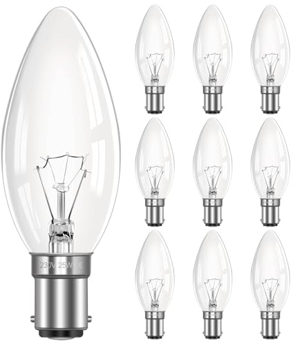 B15 Candle Bulbs Dimmable Warm White 2700K, 250LM, AC 230V, B15 SBC C35 Candle Bulbs Small Bayonet Cap, Light Bulb for Chandelier, Wall Lights, Ceiling Lights, 10 Pack