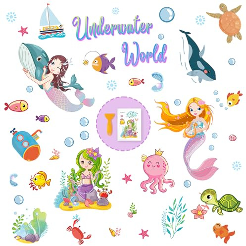 PRATIQUE Non Slip Bathtub Stickers, 6 Pages Underwater World Mermaid Sea Organisms Stickers Adhesive Kids Anti Slip Decal Threads for Shower Floor and Bath Tub Decals with Premium Scraper