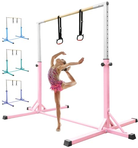 FBSPORT Barra de Gimnasia para Niños Barra Horizontal de Gimnasia con 13 Altura Ajustable de Barra de Entrenamiento con Anillos de Gimnasia Barra de Entrenamiento de Gimnasia expandible Junior Verde