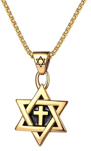 JewelryWe Collier Homme Femme Étoile de David avec Croix: Pendentif Religieux en Acier Inoxydable - Bijou Israël Juif Original - Cadeau Anniversaire, Fête des Pères, Noël