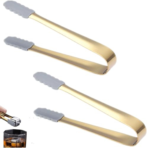 DKJEkdje 2 Pcs small Serving Tongs Kitchen Tongs, Stainless Steel Ice Tongs Food Cooking Tong Silicone Sugar Cube Tong Non-Slip Ice Serving Clip for Ice Sugar Cubes, Gold