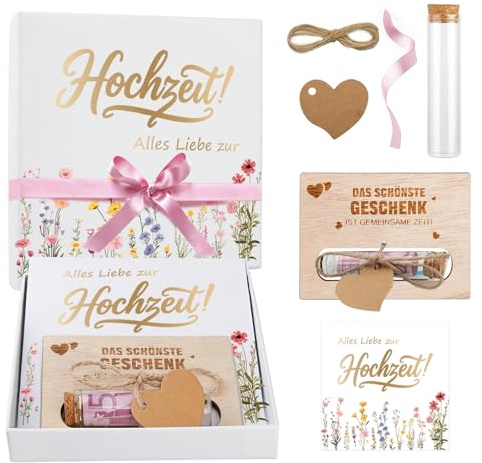 Hochzeit Geldgeschenk, Personalisiert Hochzeitsgeschenk für Brautpaar, Inklusive Geschenkbox Hochzeit, Holz Hochzeitskarte Geldgeschenk, Bänder, Geldgeschenk Geschenkverpackung (Wildflowers)