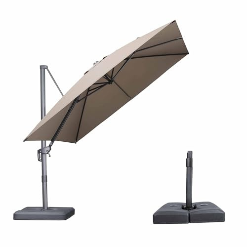 PURPLE LEAF Parasol Déporté 3 x 3 m avec Pied, Parasol de Jardin Extérieur Toile Polyester Haute Densité Anti-UV UPF 50+ pour Terrasse Patio Balcon, Inclinable 6 Positions et Rotation 360°, Taupe