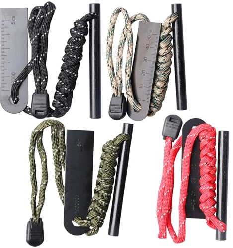 4 Stück Feuerstahl: Survival Feuerstein mit Schabe, Feuerstarter Set mit Paracord Zunder, Feuerstein mit Extrem Starker Funkenflug, Feuerstarter Geeignet für Camping, Outdoor, Bushcraft und Survival