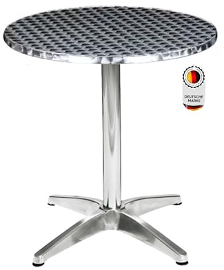 Hochwertiger Bistrotisch aus Aluminium, Runder Aluminiumtisch Wetterfest für Garten, Balkon und Terrassen – Ø 60cm x H72cm / Pflegeleichter Gartentisch mit Standfüßen – Silber glänzend Tischplatte