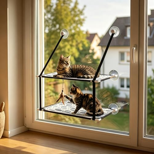 Tumbona para ventana para gatos, cama para gatos, alféizar de ventana, doble hamaca con 6 ventosas estables, con ventosas colgantes de hasta 10 kg