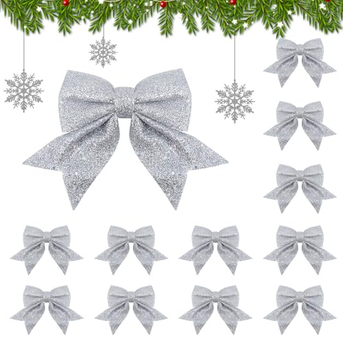 Bingqiling Weihnachtsschleifen 12 Stück Silber mit Glitzer, Weihnachtsbaum Schleifen für Weihnachtsbaum Deko, Weihnachtskranz, Geschenkverpackung, Tischdeko, Party & Festliche Dekoration