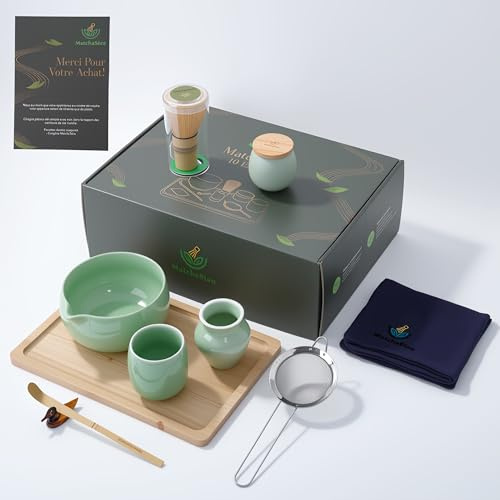Kit Matcha 10 Pièces - Coffret Vert Premium, Bol Bec verseur, Fouet Bambou | Set Matcha vert, Kit de Matcha débutant, Chawan 510 ml, Chasen bambou, plateau et tasse incl., idée cadeau