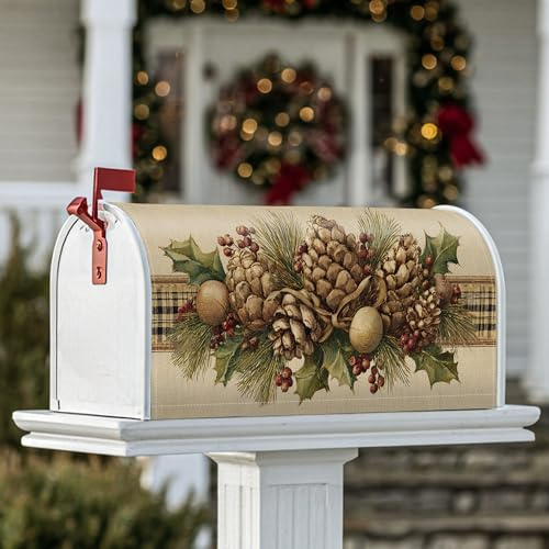 Pinecones - Coperture magnetiche per cassetta postale, rustiche, con bacche di agrifoglio, colore marrone invernale, per decorazione del cortile anteriore, 53 x 64 cm