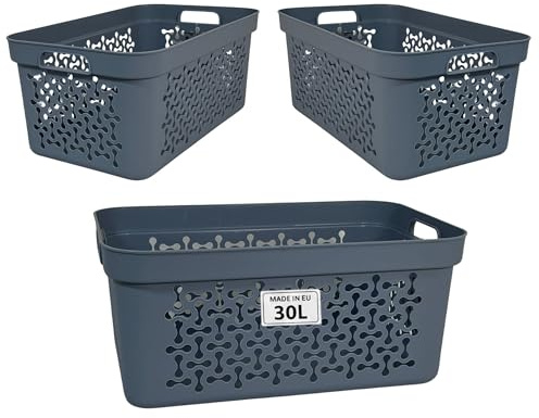 Plastard Wäschekorb 3er Set 30 Liter Blau aus Kunststoff mit Griffen | Stapelbar, robust & leicht zu reinigen; ideal für Bad, Kinderzimmer & Camping; BPA-freie Wäschewanne, leichte Wäschebox