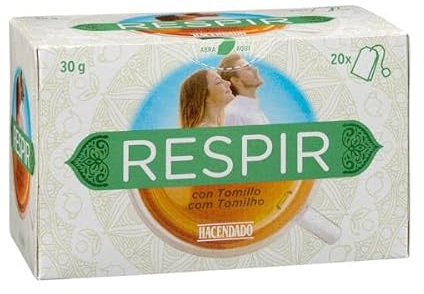 Hacendado Infusion Respiratoire au Thym, Eucalyptus, Romarin et Menthe, Sachets Pyramide, Sans Caféine, 20 Sachets, 30g. Pack de 4