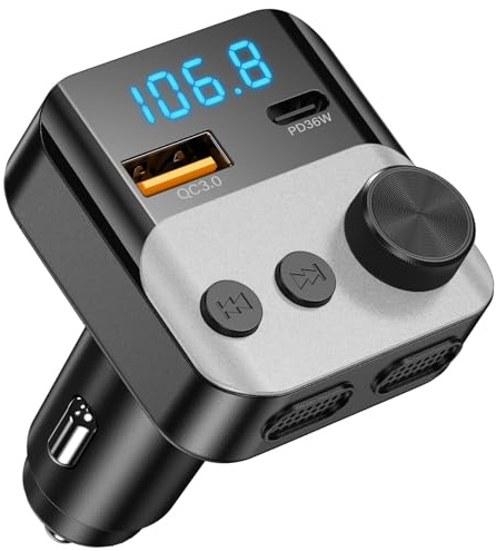 Bluetooth Adapter Auto FM Transmitter - Bluetooth 5.3 Freisprecheinrichtung, PD36W USB-C & QC3.0 Schnellladegerät, Auto Bluetooth Adapter mit Spannungsanzeige für iPhone Android Autoradio