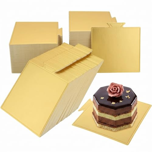 Bellabon 100 Stück Mini Cake Board Quadratische, Goldene Törtchen Untersetzer Quadratische, Goldene Mousse Kuchenplatte Karton, Dessert Display, Cake Board für Hochzeit Geburtstag Gebäck Dekoration
