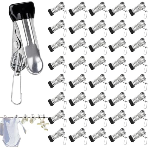 Stainless Steel Clothes Pegs 40 Pcs, with Windproof Buckle, 5 x 2 cm | Non-Slip, Anti Indentation, Laundry Pegs, for Washing Line, for Sock, Shoes, Towel, Food Sealing, Photos