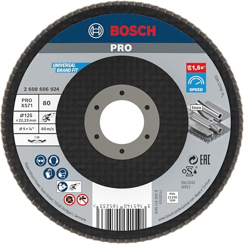 Bosch PRO X571 Fächerschleifscheibe, abgewinkelt, 125 mm, K40 | für Stahl, Edelstahl, Körnung 80, Professional Zubehör Kleiner Winkelschleifer