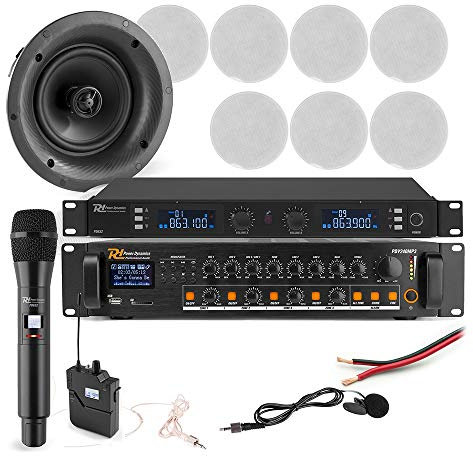 Professional Ceiling Speaker System Kit - 8x 5.25 Flush Mount Speakers, 240W Bluetooth Amplifier with Mixer, Wireless UHF Microphones for PA & Background Audio Installations
