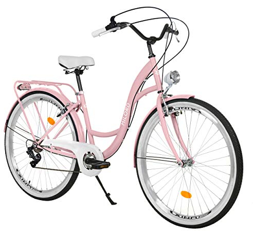MILORD. 28 Zoll 7-Gang Rosa Komfort Fahrrad mit Rückenträger, Hollandrad, Damenfahrrad, Citybike, Cityrad, Retro, Vintage