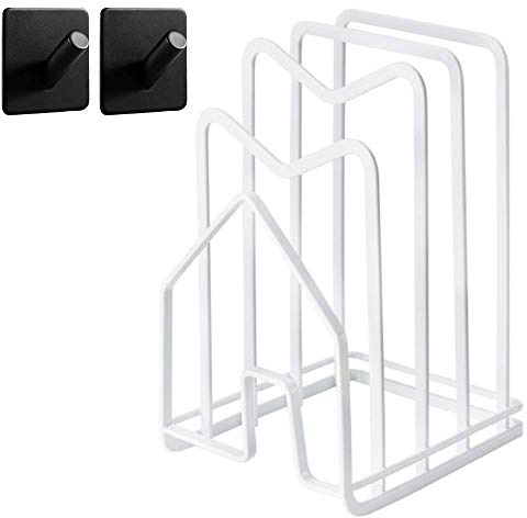Hikinlichi Cutting Board Stand Organiser Rack Holder White Kitchen Countertop Chopping Board Holder w 2 Adhesive Hooks Pots Pan Lids Rack 12.5x14.5x21.5cm
