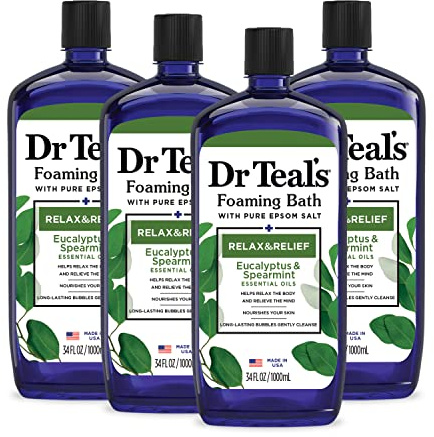 Dr Teal's Foaming Bath with Pure Epsom Salt, Relax & Relief with Eucalyptus & Spearmint, 34 fl oz (Pack of 4)