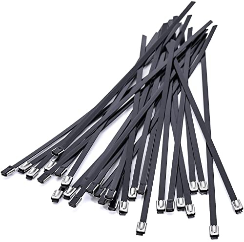 Edelstahl Kabelbinder 400 * 5,5mm Lang, Schwarzer Polyester-Beschichtung Kabelbinder Metall Rostfrei UV Beständige Für Balkongeländer, Abgasschlauch, Stacheldraht Reparieren | 30 Stück