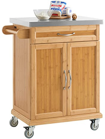 SoBuy Carrito de Cocina con Ruedas, 66x92x46 cm, Espacios pequeños | Mesa Auxiliar con encimera inox robusta, estante regulable y ruedas flexibles, MDF/PB, para cocina y exterior, FKW13-N