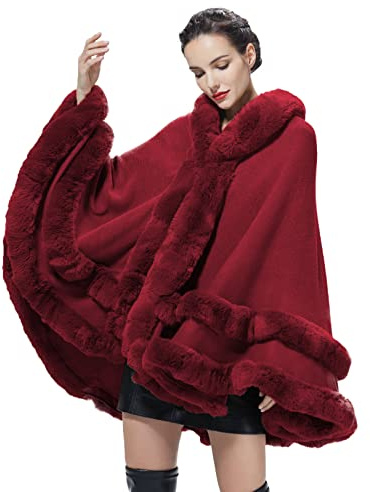 BEAUTELICATE Knit Cape Coat Women Knitted Hooded Cloak Poncho with Fur Trims Faux Fur Shawl Wrap Stole Fashion Oversize Cardigans for Autumn Winter Wedding Bride Bridesmaids(One Size, Wine Red)