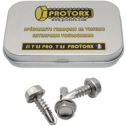 Vis Autoforeuse Metal M4,8 x 16mm : Boite 30 Pcs Visserie Inox pour Ecrou Rondelle | Vis Autoperceuse Pour Metal Tete Hexagonale a Embase Acier A2 - DIN 7504 K | Boite Rangement Vis PROTORX