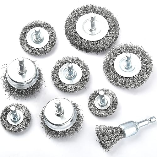 CENBEN 9PCS Wire Brush Wheel Cup Brush Set, 1/4 Inch Hex Shank Coarse Carbon Steel Wire Wheel for Cleaning Rust, Stripping and Abrasive, Wire Brush Drill Attachment