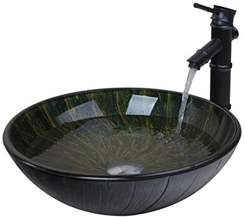 GRFIT Waschbecken Waschtisch 16.8 Runder Badezimmer Glasgefäß Set Set Black Tap + Badezimmer Waschbecken Waschbecken Glas Handgemalte Arbeitsplatte Waschbecken Aufsatzwaschbecken