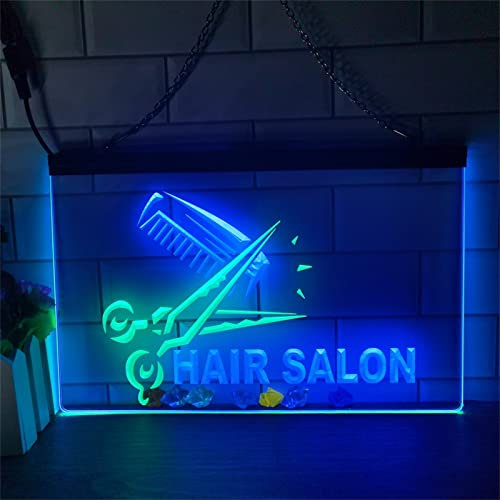YSOLDA Señal de neón LED con Forma de Tijera de peluquería, Luces de neón de Doble Color USB Personalizadas, para Corte de Pelo, barbería, Colgante de Pared Decorativo Regulable, 40x30cm,Green Blue