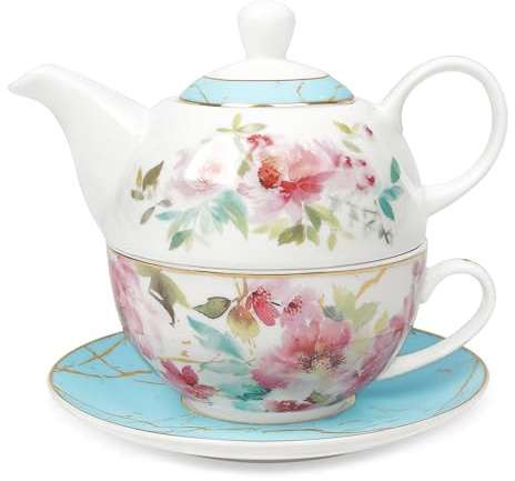 fanquare Juego de Té Floral Rosa para Uno, Juego de Taza y Plato de Té con Borde Dorado, Juego de Taza y Café de Porcelana para Regalo, Azul
