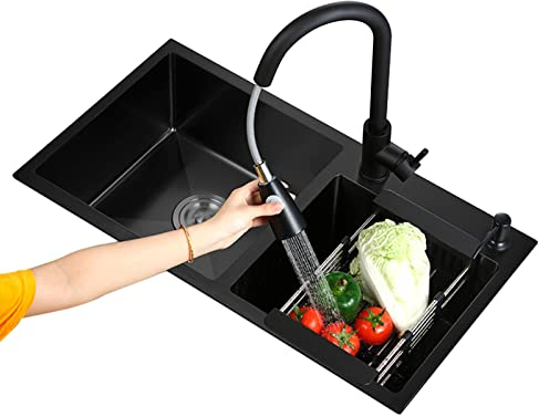 Küchenspüle, mit ausziehbarem Wasserhahn, Doppelwaschbecken, geeignet als Aufsatz- und Unterbau-Küchenspüle für Küche, Hof, Büro, Bar, mit Wasserhahn (Farbe: Schwarz, Größe: 75 x 40 cm)