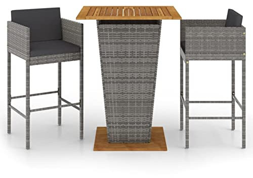 Gecheer 3-TLG.Gartenbar Set mit Kissen Outdoor,Bartisch Stehtisch mit Barhocker Set Barstuhl Theke Bar Tresen Gartentheke,Gartenmöbel,Tischmaße: 80 x 80 x 110 cm (L x B x H) Poly Rattan,Grau