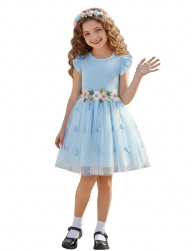 PATPAT Abito da Festa per Ragazze Senza Maniche, Abiti da Principessa in Tulle con Ricami a Fiori, Abito da Ballo tutù per Matrimonio Compleanno Spettacolo Battesimo Banchetto FESTIVITÀ