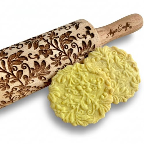 Bambini Mattarello Decorativo per Biscotti CORONA FLOREALE | Mattarello Inciso | Regalo di compleanno per bambino | Rullo per Biscotti e per Modellare | Mattarello Legno Goffrato di Algis Crafts