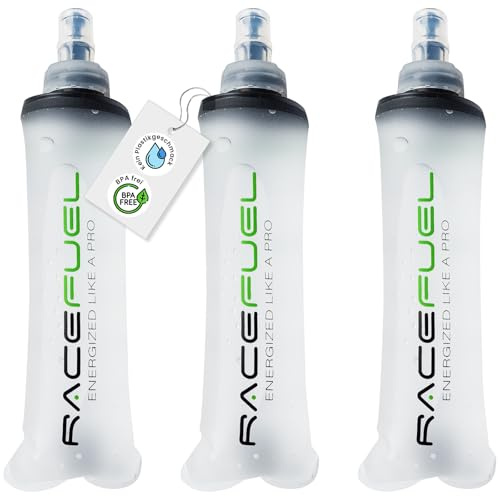 RACEFUEL Soft Flask 250ml – Faltbare Trinkflasche inkl. Energy Gel Rezept (QR-Code) – BPA-frei & leicht – Ideal für Laufweste, Marathon, Triathlon & Radsport (3 Stück, 250ml)