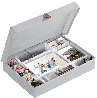 MABOZOO Foto-Foto-Aufbewahrungsbox, Erinnerungsbox mit verstellbaren Trennwänden, Bilderaufbewahrungsbehälter, Organizer für Fotos, Bilder, Dokumente, Scrapbook (Grau, 35,6 x 25,4 x 6,3 cm)