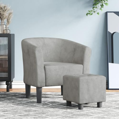 Clubsessel mit Hocker, Cocktailsessel, Sessel, Retro Lesesessel Samt, Einzelsessel, Loungesessel, Kleiner Relaxsessel, Sessel mit Fußhocker, Bürostuhl, Hellgrau