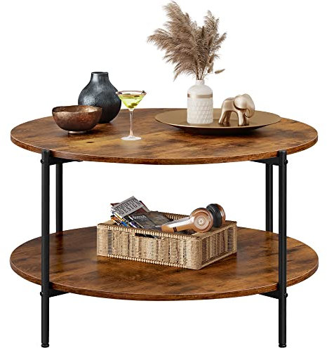 WLIVE Couchtisch Rund mit 2 Ebenen, Wohnzimmertisch Holz, Stubentisch mit Metallrahmen, für Wohnzimmer, Schlafzimmer, Modern Design (Vintagebraun-Schwarz)