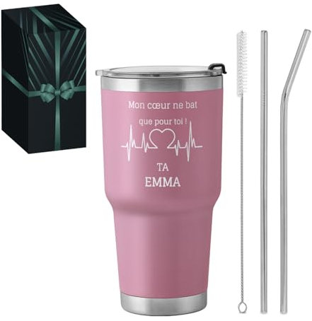 Maverton Mug Isotherme Rose en Acier Inoxydable 800 ml - Gobelet avec Paille et Brosse de Nettoyage pour lui - Cadeau Homme Original - Cadeau Anniversaire Homme Cœur