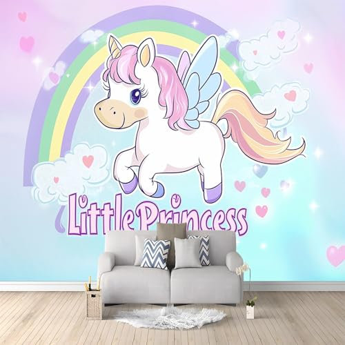 Papier Peint Mural 3D Licorne Arc Ciel De Dessin Animé 350x256 cm Papier Peint Murale Panoramique Poster Tapisserie Photo intissé, pour Chambre Salon Personnalisé Murale Décoration