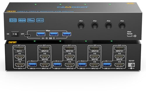 USB 3.0 Switch KVM 3 Monitor 4 PC 4K@60Hz, Simulazione EDID, MLEEDA 2 HDMI + DP Switch KVM 4 PC Condividi 3 Monitor e 4 porte USB 3.0, Dotato 12V Alimentatore, Telecomando con cavo e 4 Cavi USB
